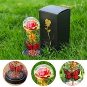 Qoosea Eternal Rose with Butterfly in Glass Dome Red Roses with LED Light Artificial Flowers Mothers Day Birthday Valentines Day Christmas Gifts