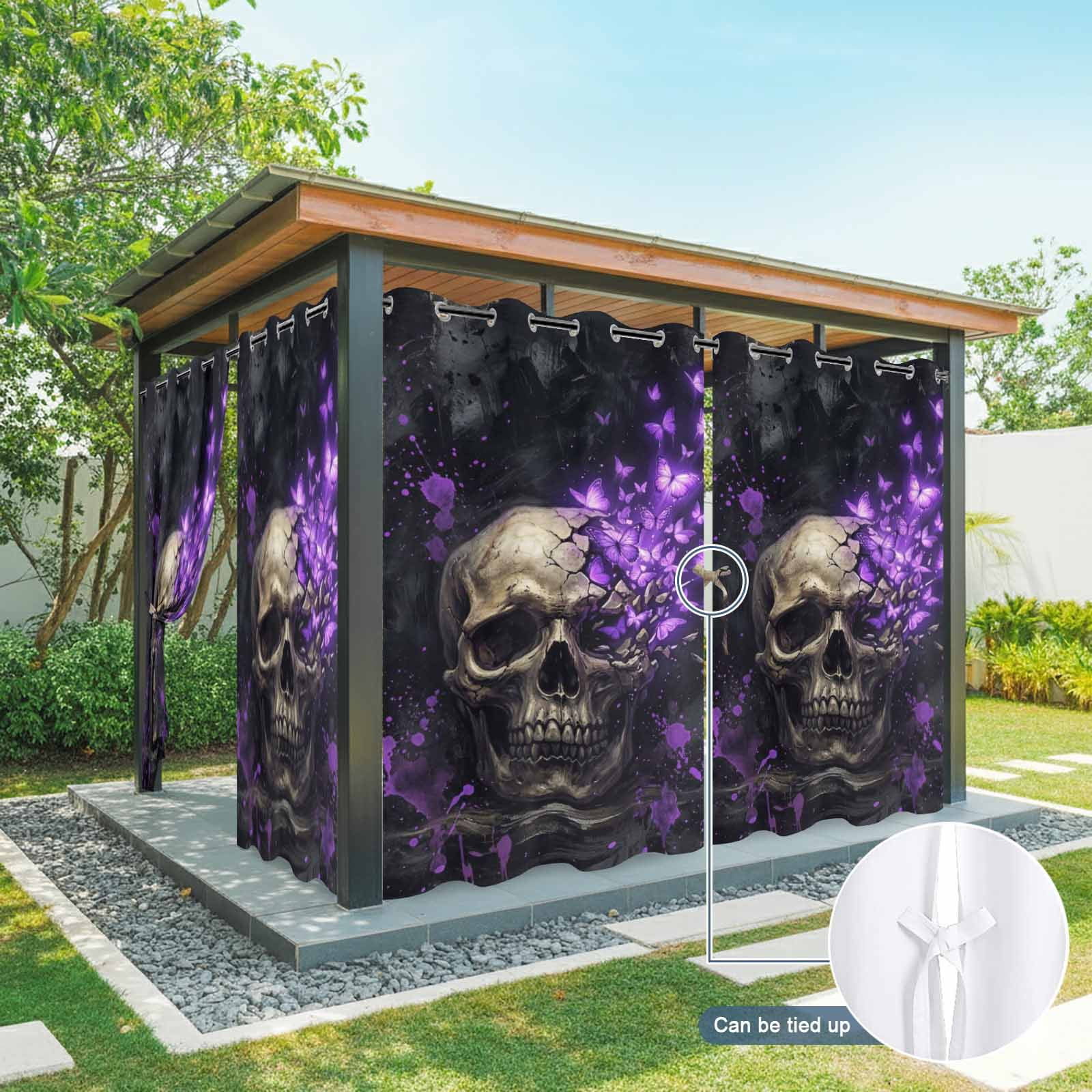 Abstract Skull Outdoor Curtains for Patio, Vintage Mysterious Purple Butterflies Dark Skeleton Black Sunshade Privacy Drapes Grommet Waterproof Outside Curtains for Porch Balcony 54"x108", 1 Panel