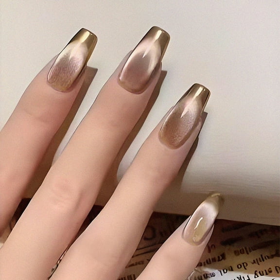Gold French Tip Press on Nails Medium Coffin Fake Nails Glossy Brown Acrylic Nails Shiny Glitter False Nails Full Cover Square Glue on Nails for Women Manicure 24Pcs