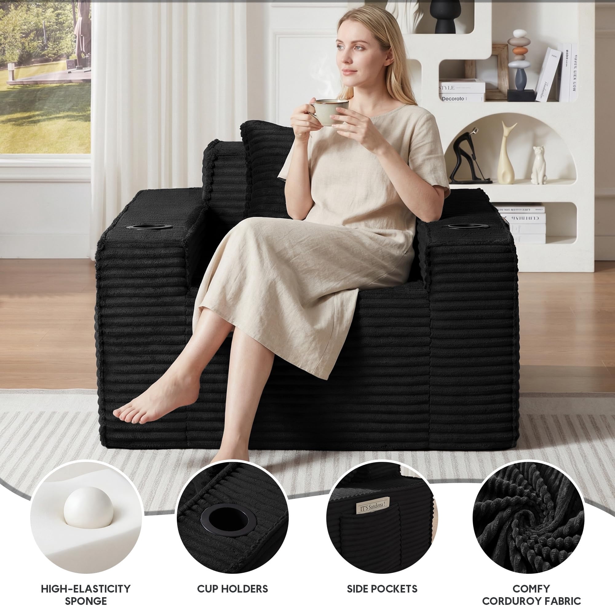 Aukfa 3 Piece Boneless Couch Set, Cloud Sofa Armchair w/ 2 Cup Holders&Storage Pockets for Living Room, Corduroy, Black