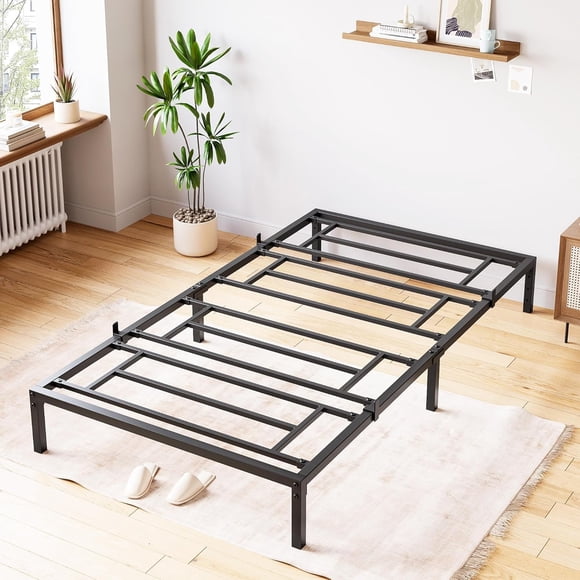 Base de Cama Metálica– Cama Plataforma sin Resorte, Rieles de Acero, Almacenamiento Debajo de la Cama, Silenciosa, Fácil de Armar, Color Negro