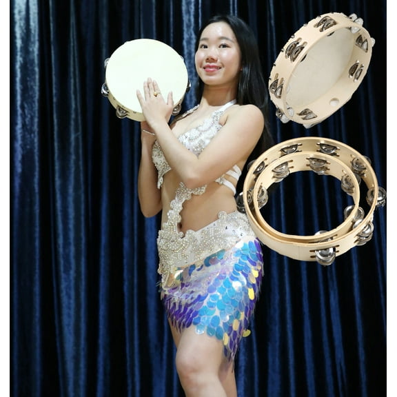 XChangeFun Lightweight Thicken Wood Handheld Tambourine, Double Row 5/8 Pairs Jingles, 9.8in
