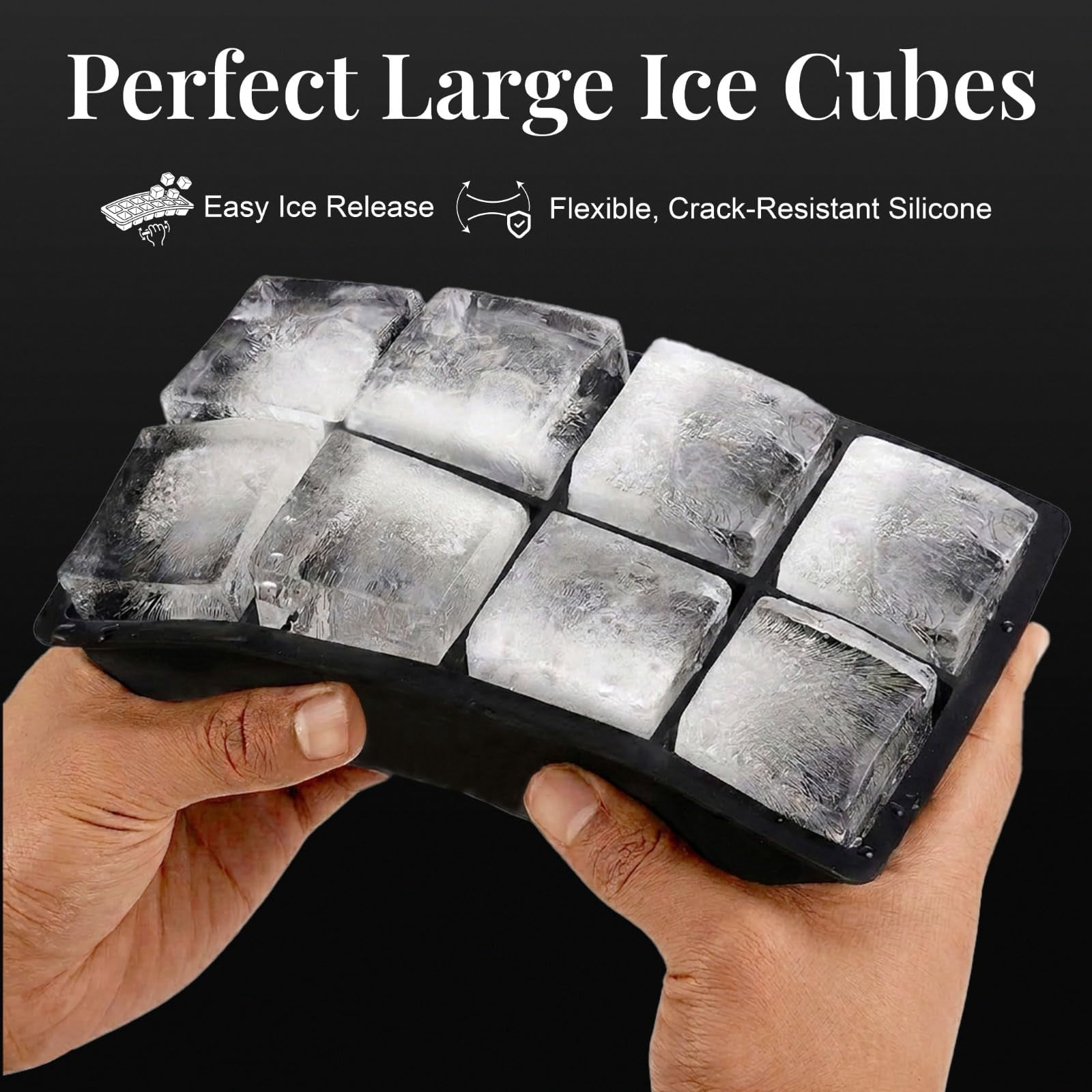 Large Silicone Ice Cube Tray - 3 Pack Trays For 8 Square Cubes With Bin  Scoop Tong & 2 Ss Straws Easy Release Mold Coffee (black)