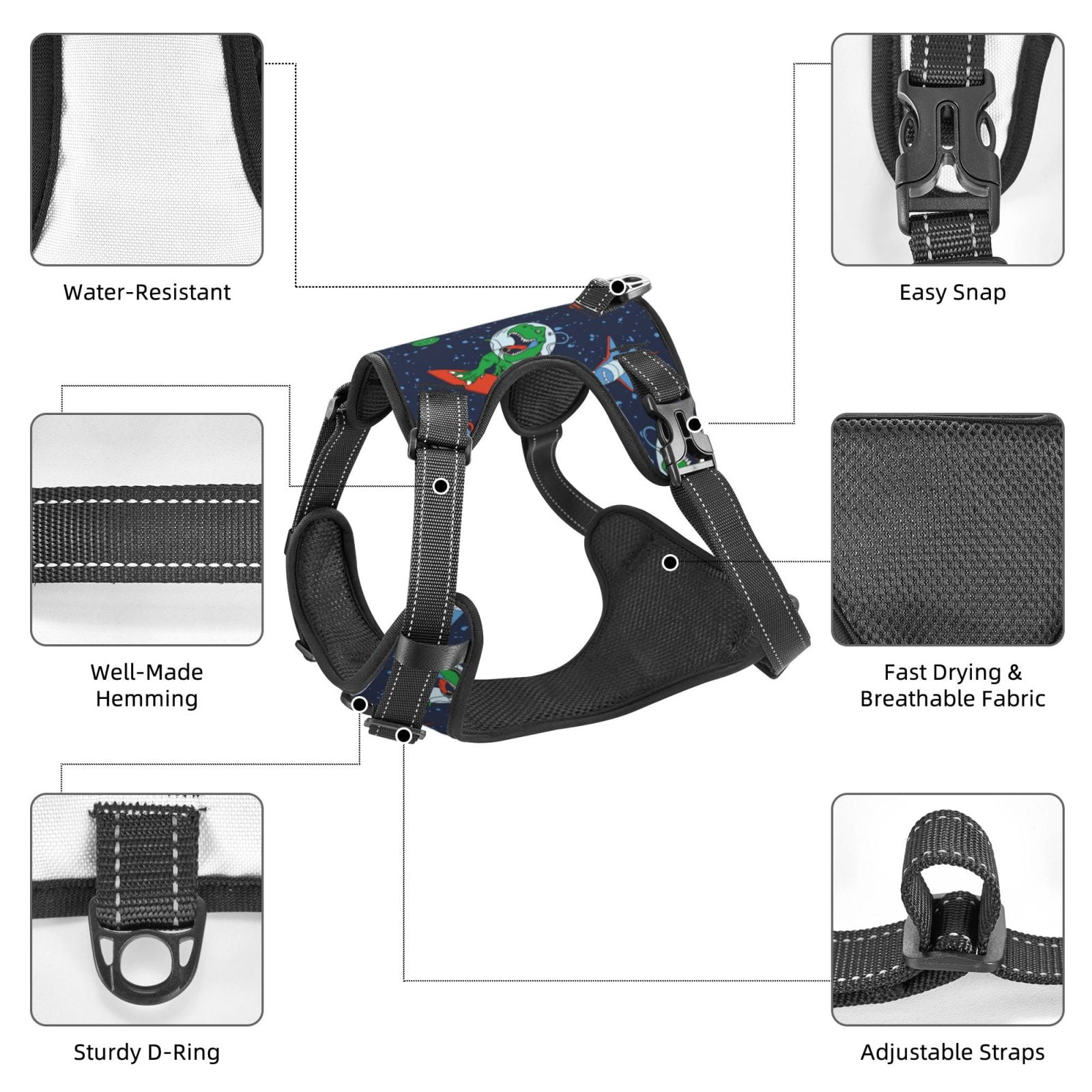 Vsdgher Dinosaur Astronaut Space Surfing Pattern Dog Harness,No Pull Pet Harness with Soft Padded Handle,Adjustable Reflective Vest with 2 Buckles,4 Slide Buckles,S-XL Small
