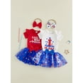 thumbnail image 3 of BemeyourBBs Toddler Baby Girl My First 4th of July Outfits Patriot Independent Summer Clothes 0 3 6 9 12 18 Months Letter Star Print Ruffle Short Sleeve Romper and Tulle Tutu Skirt Headband Set, 3 of 5