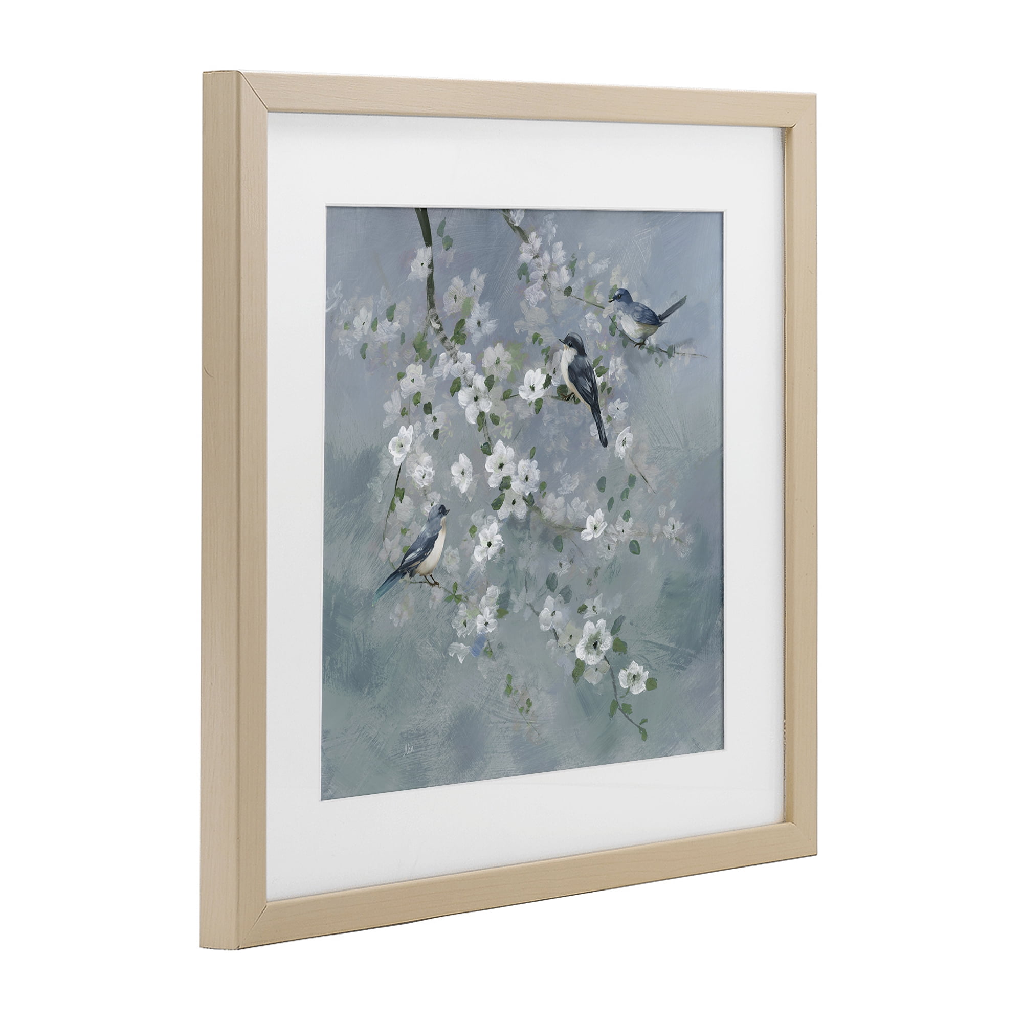 Stupell Industries Serene Birds on White Blooms Birch Framed Print Under Glass, design by Nan