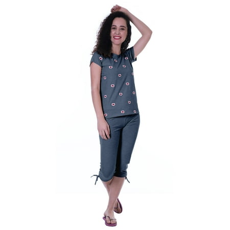 

Moomaya Nightwear Set Embroidered Lips Top Solid 2 Piece Nightwear Capri Cotton Sleepwear Nightdress