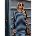 thumbnail image 2 of Womens Casual Striped Long Sleeve Shirt Trendy Crew Neck Slim Loose Fit Basic Blouses Tops Blue Black XL, 2 of 8