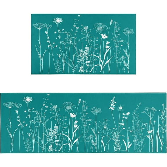 Teal Kitchen Rugs Sets of 2 Floral Kitchen Rug Mat Washable Non-Slip Kitchen Mats for Floor 2 Piece Teal Kitchen Decor