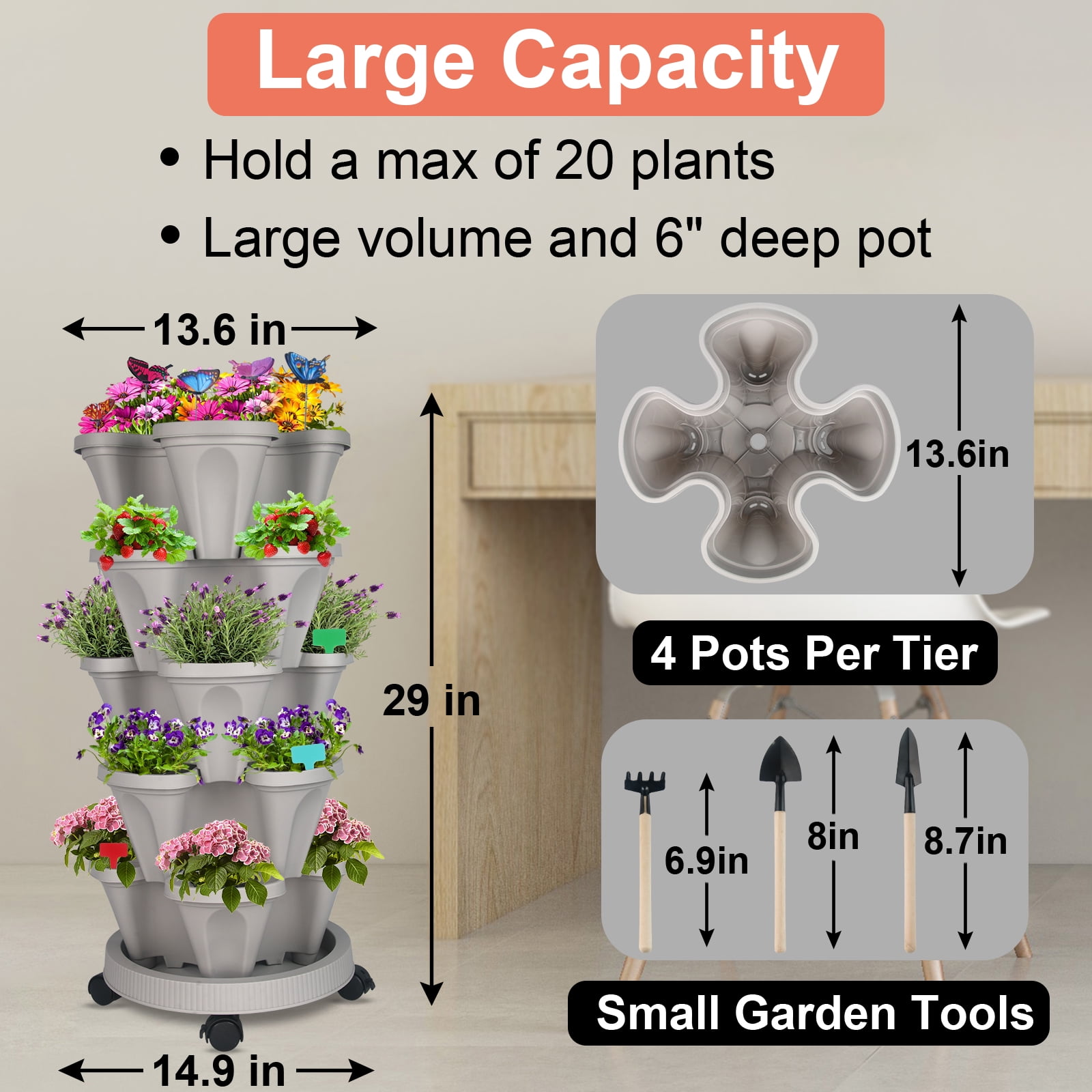 Strawberry Planter, 5 Tier Stackable Gaden Tower for Flowers, Vegetables, Grow Your Own Herb Garden Vertical Oasis of Vegetables and Succulents,Gray