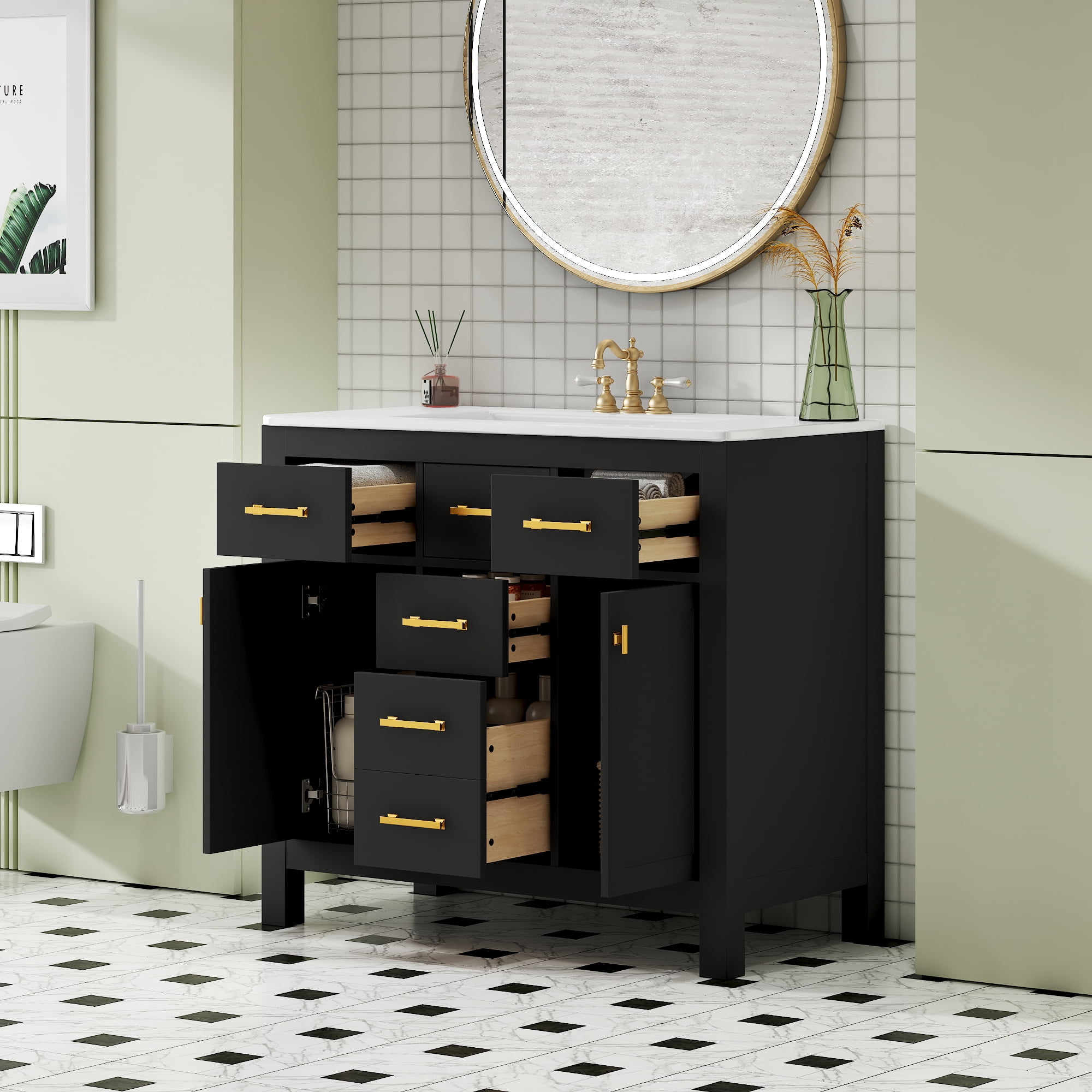 Euroco 36-Inch Solid Wood Bathroom Vanity with Ceramic Sink and Storage Cabinets