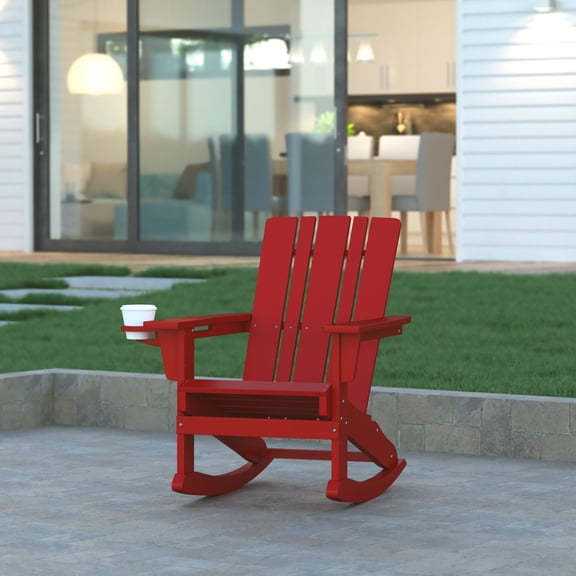 Emma Oliver Adirondack Rocking Chair with Cup Holder, Weather Resistant HDPE Adirondack Rocking Chair in Red