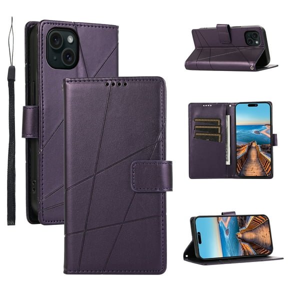 ELEHOLD for iPhone 14 Plus Flip Folio Wallet Case with Credit Card Holders Magnetic Clasp Kickstand Function Wrist Lanyard Premium PU Leather Shockproof Protective Cover,purple
