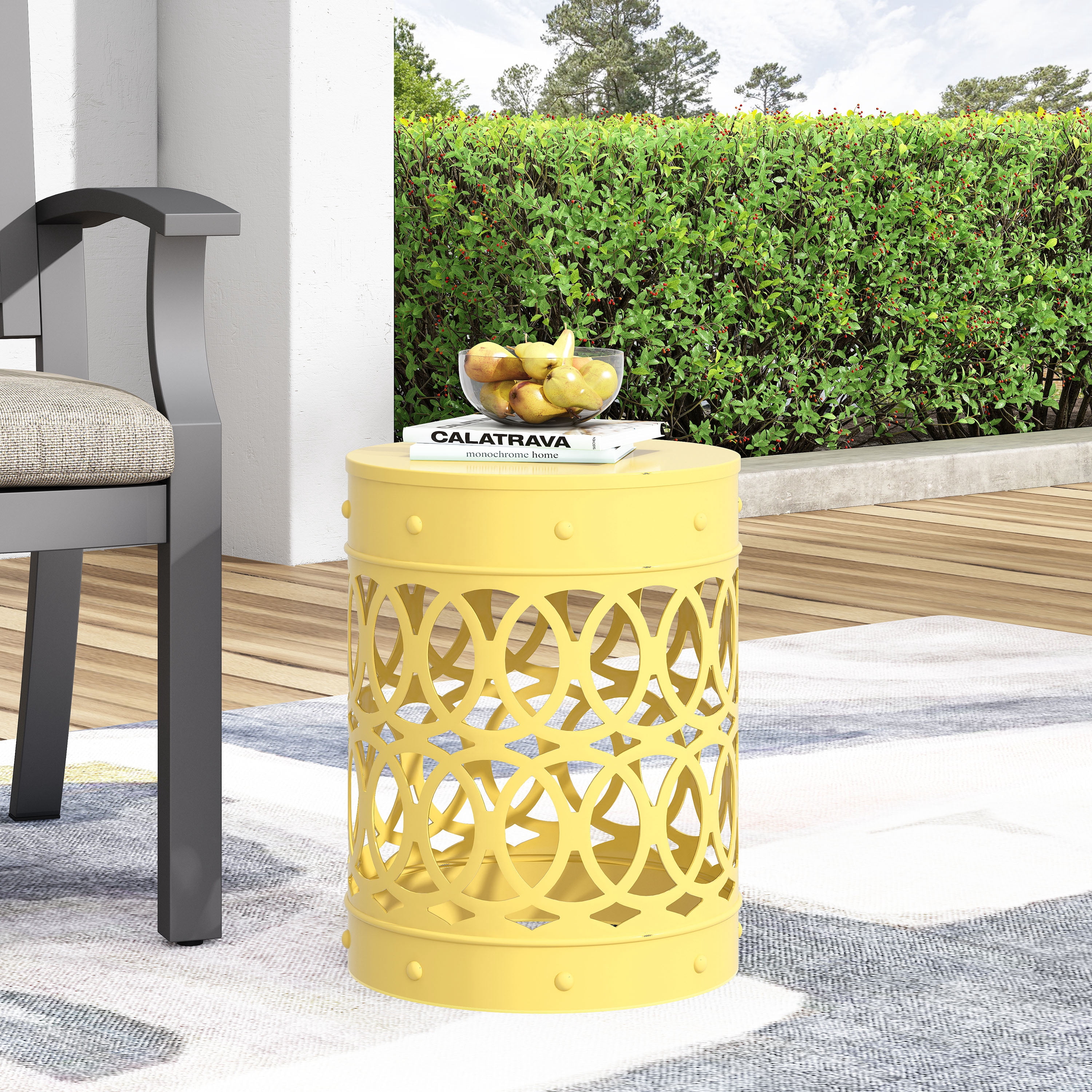 Mintazer Outdoor Metal Side Table, Modern Iron Cut PatioTable with Overlapping Circle Pattern, Yellow