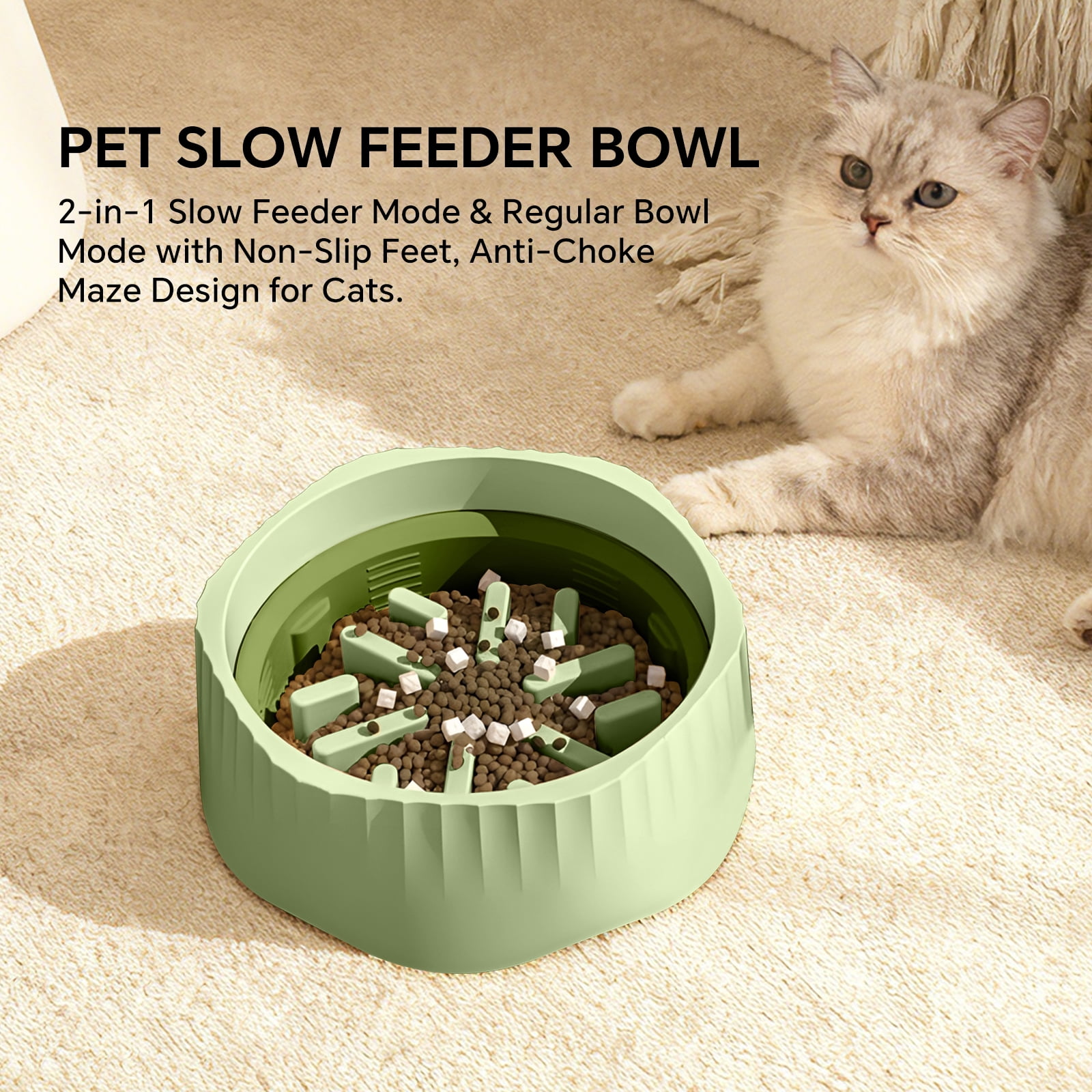 Pet Slow Feeding Bowl, Anti-Choking Bowl Switchable Anti-Slip Anti-Spill Dish for Dogs and Cats, Green