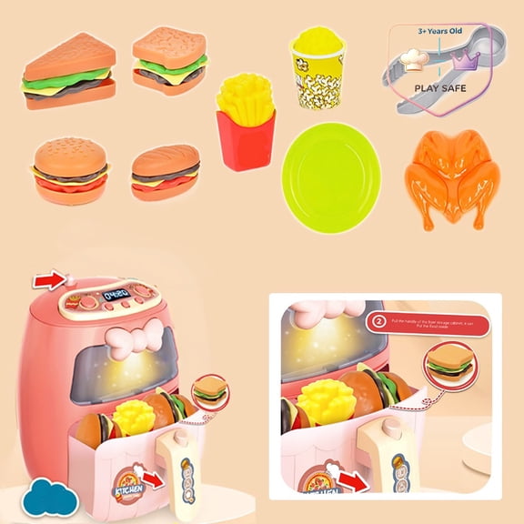 Qocolcyl Pretend Air Fryer Kitchen Playset with Fake Burger Sandwich Popcorn Chicken Tableware,Fast Food Cooking Role Play Educational Pretend Food Toy for Toddlers Kids Boys Girls Birthday Gift