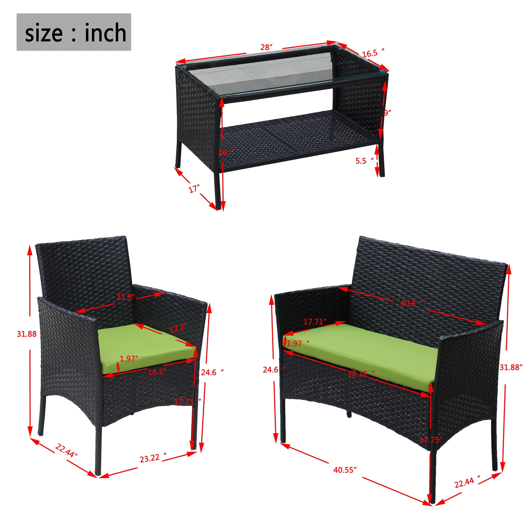 Aukfa 4 Piece Rattan Outdoor Patio Conversation Sofa Set with Table & Cushions, Green