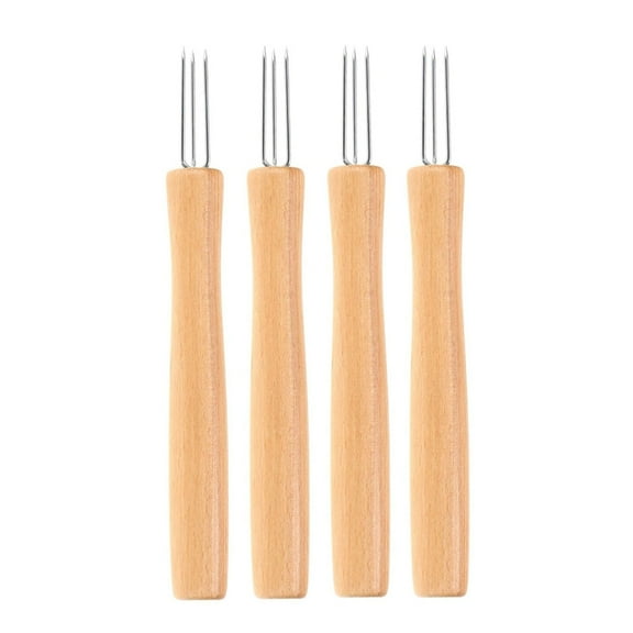 Pack of 4 Three Pronged Forks with Wood Handle Versatile Stainless Steel Holder Tools for Cooking Seasoning and Barbecue