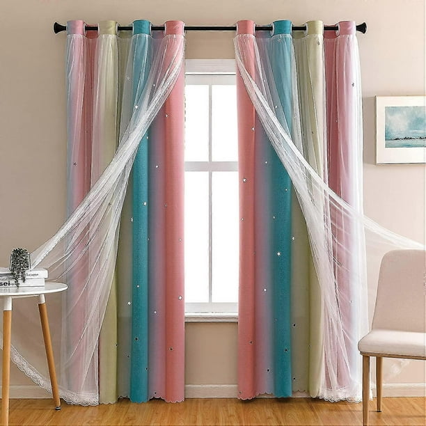 Cortinas opacas con diseño de estrellas para habitación infantil, diseño de princesa (rosa y azul, 39 x 79 cm, 2 paneles)