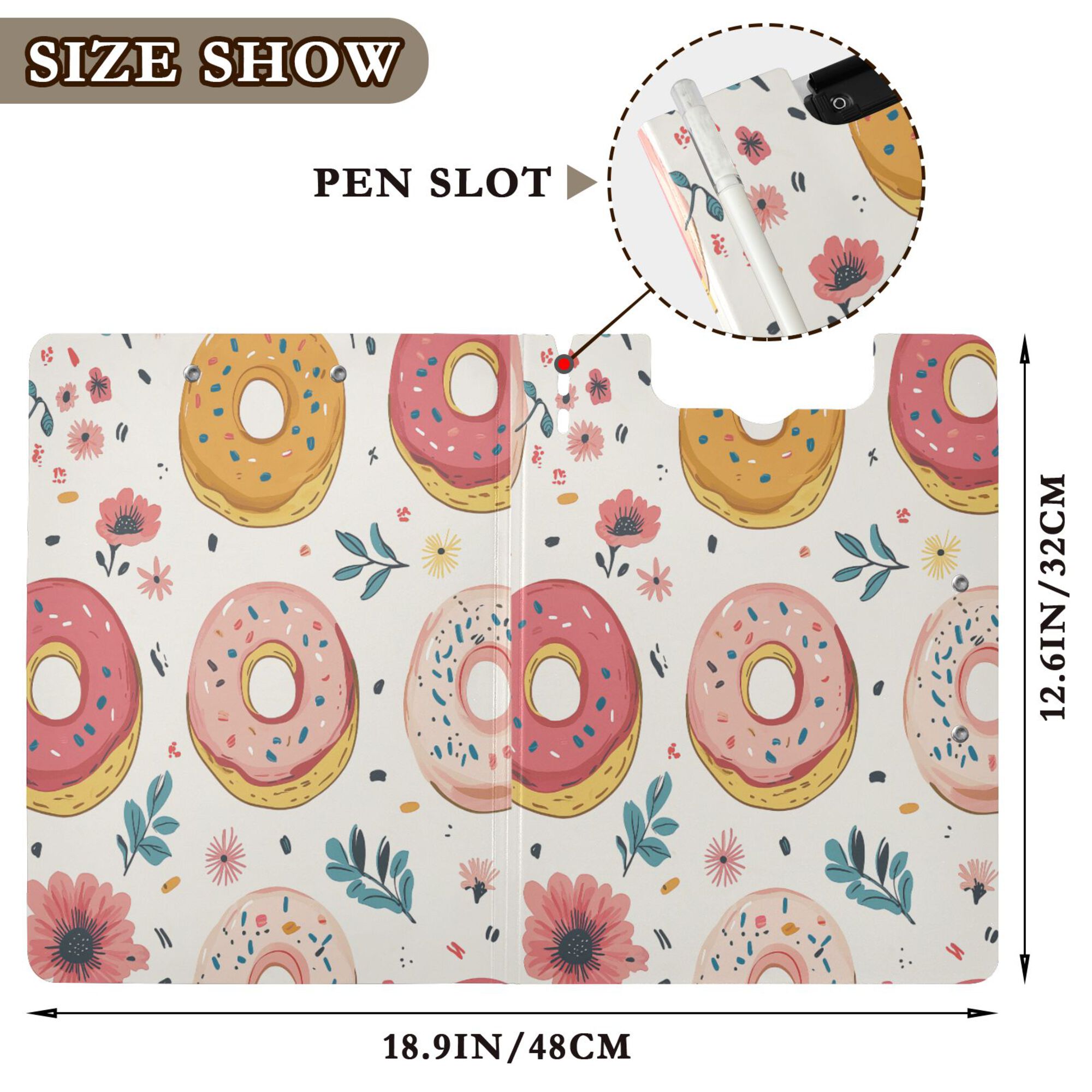 FORMRS A4 Clipboard Folder with Pen Holder Horizontal Foldable School Office Binder, Pink Donut