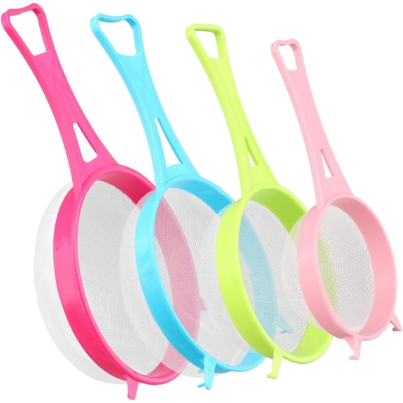4Pcs Fine Mesh Strainer Set,Mini Filter Sieve Funnel,Kitchen Plastic Flour Colander Solid-Liquid Separator Gadget with Non Slip Handles, for Yogurt Baking Kitchen Kefir Tea Juice Pasta