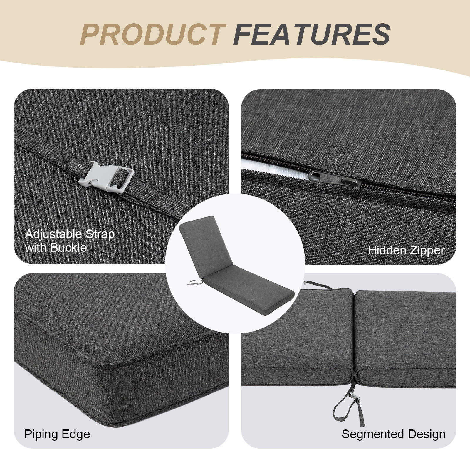 BPS 72" x 21" x 3" Outdoor Chaise Lounge Cushion, Fade & Water Resistant Patio Chair Cushion, Set of 2 - Charcoal