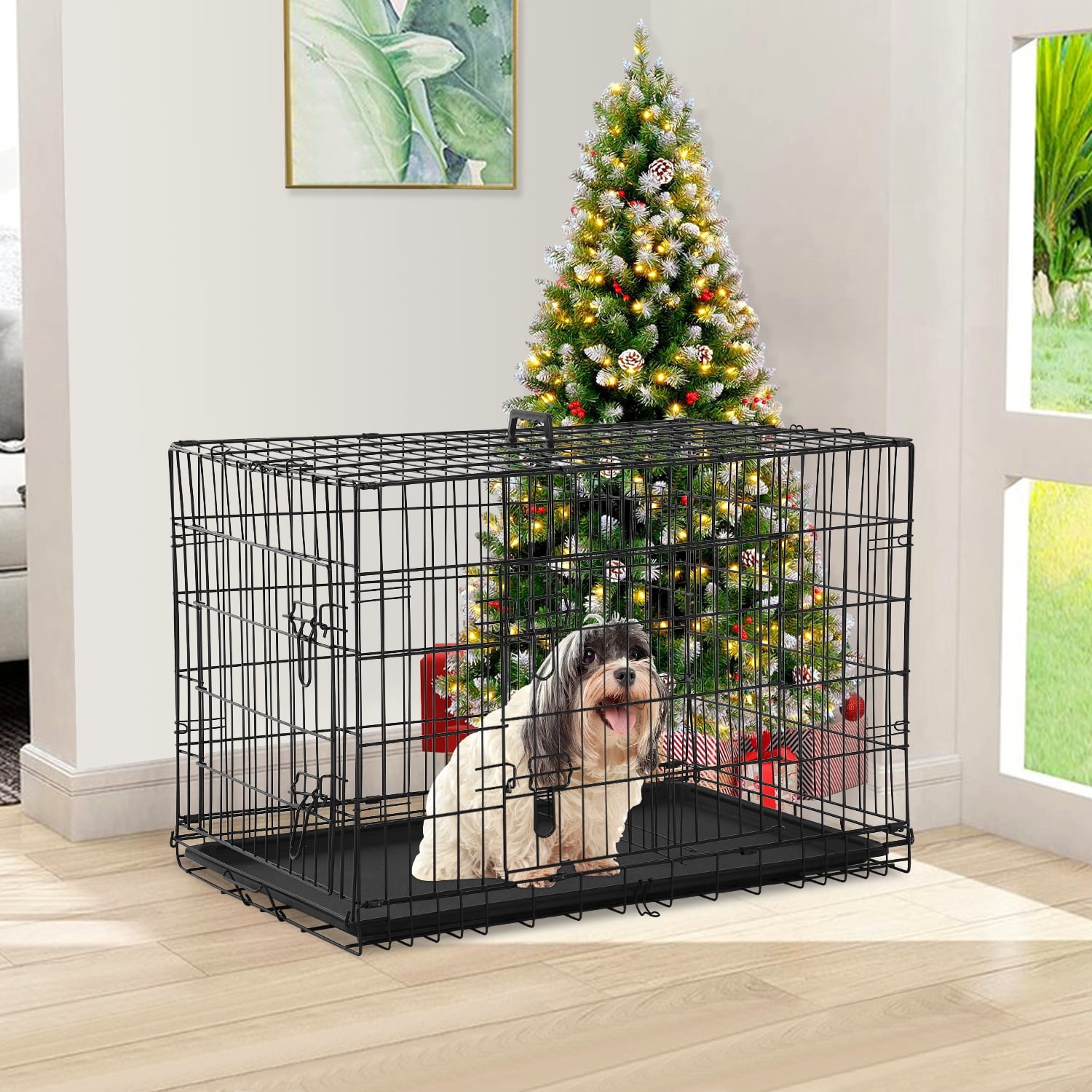 30 Inch Dog Crate for Small Dogs, Folding Metal Wire Crates Dog Kennels Outdoor and Indoor Pet Crate with Double-Door, Black