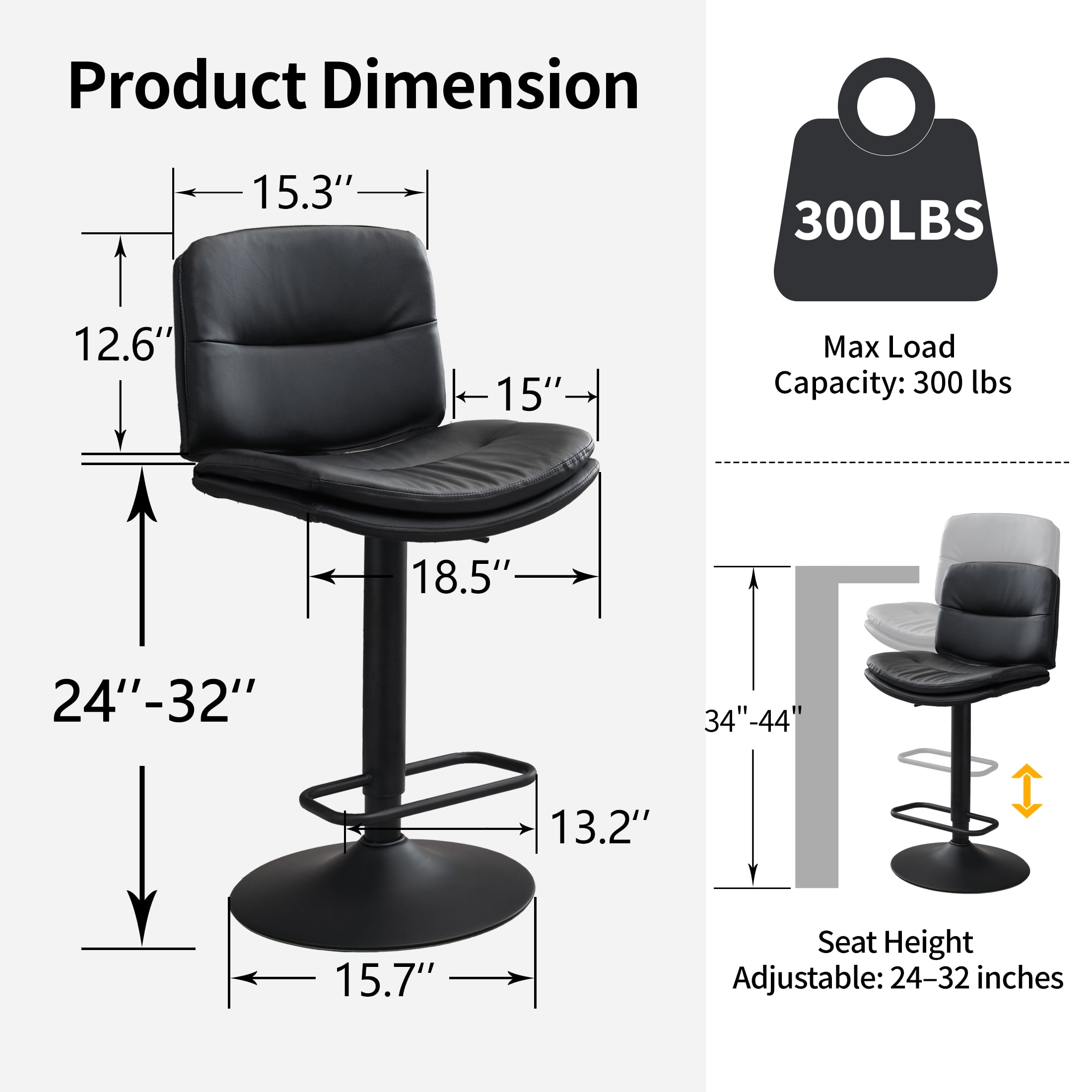 FIRAVOE Swivel Bar Stools Set of 2, Double-Layer Upholstered Counter Height Bar Stools with Back, PU Leather Height Adjustable Barstools for Kitchen Island, Black