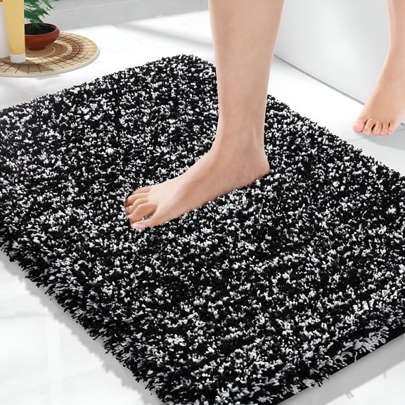 RLESO Black and White Bathroom Rugs Non Slip Washable,Ultra Soft and Water Absorbent Bath Mats,Plush Fluffy Shower Mat Outside,Microfiber Thick Matts for Bathroom Floor/Sink,24X17
