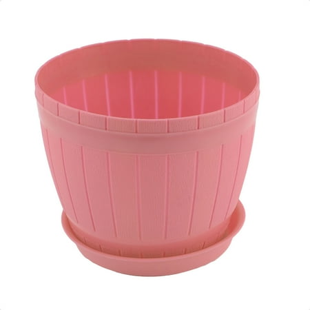 Pink Flower Shape - Home Windowsill Office Plastic Barrel Shape Plant Flower Pot Planter Pink w Tray