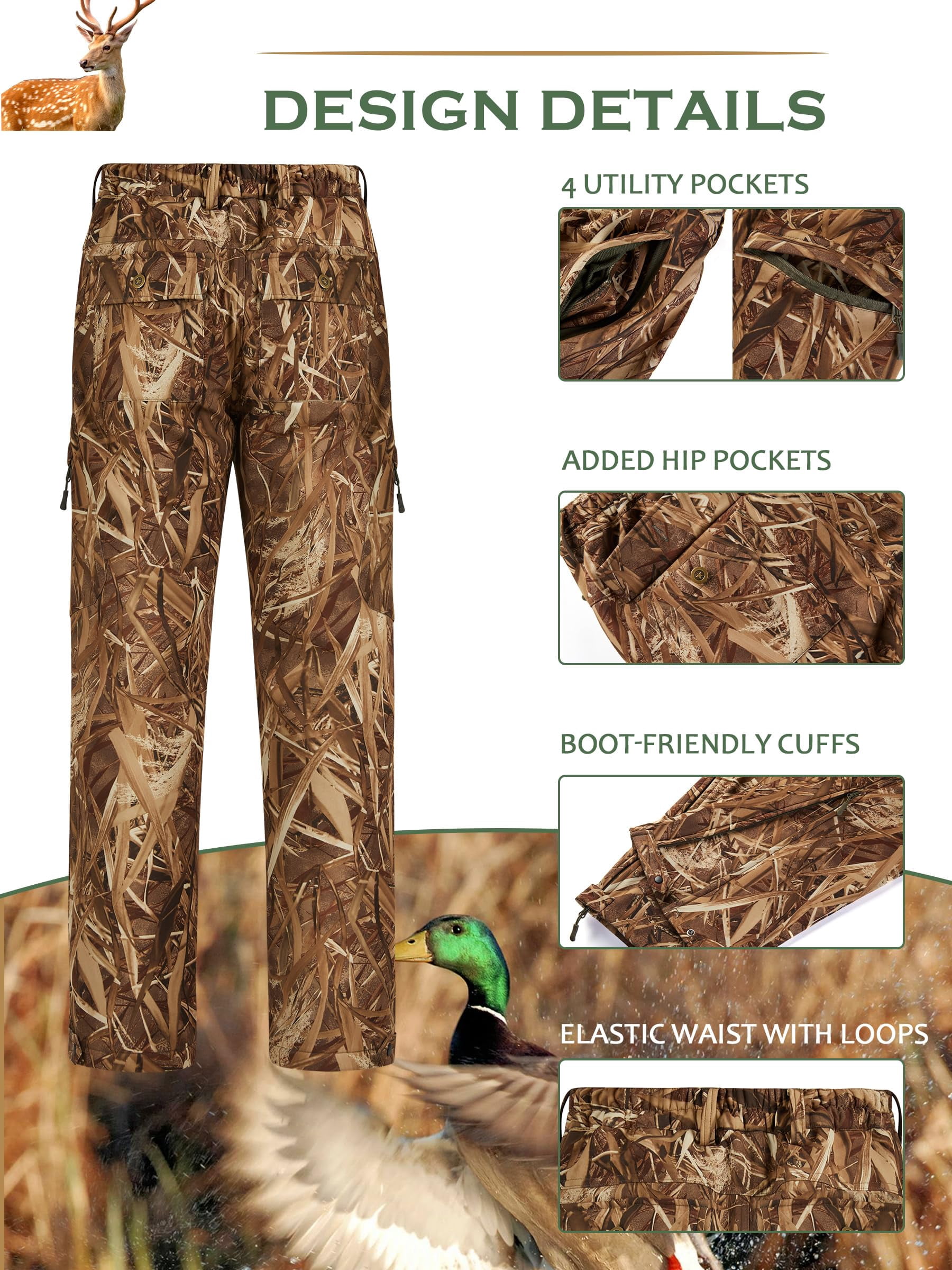 NEW VIEW Silent Camo Hunting Pants for Men Cold Weather, Fleece Lined Insulated Pants, Water-Resistant, Elastic Waist (Reeds Camo, L)