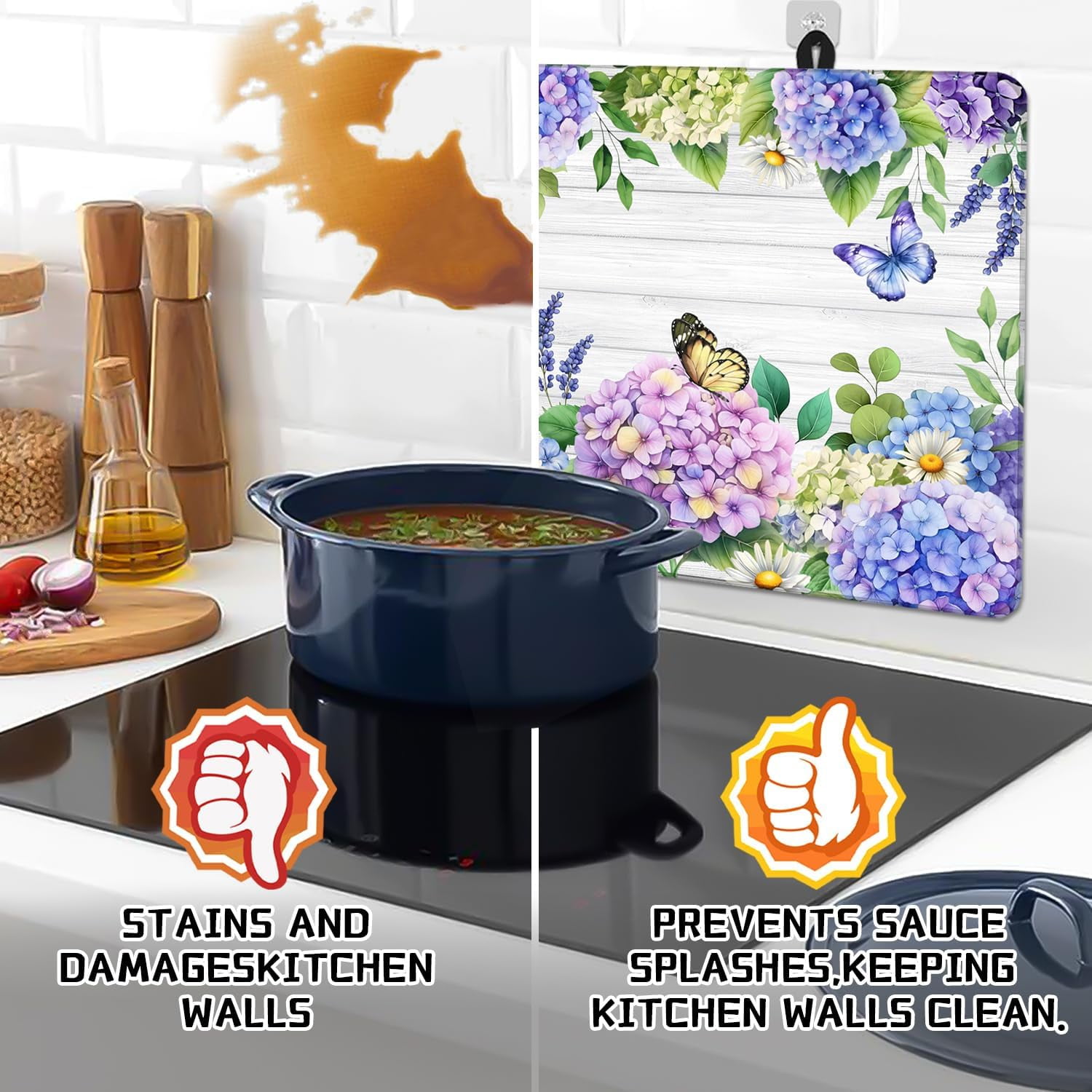Spring Hydrangea Stove Top Cover Blue Flowers Gas Stove Top Cover for Home Decoration Kitchen Pad Floral Non-Stick Washable Cooktop Covers Countertop Protector Keep Stove Clean White