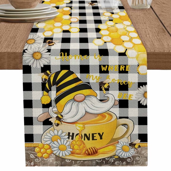 nqOlkjepod Yellow Gnomes Table Runner 70 Inches Long Farmhouse Dress Scarves, Vintage Buffalo Plaid Black Bee Daisy Dining Tablerunner for Coffee Table/Kitchen Island/Party Décor, 13" x 70"