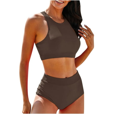 

VKEKIEO Two-Piece Sets Swimsuit Sport Bra Style Padded Coffee M