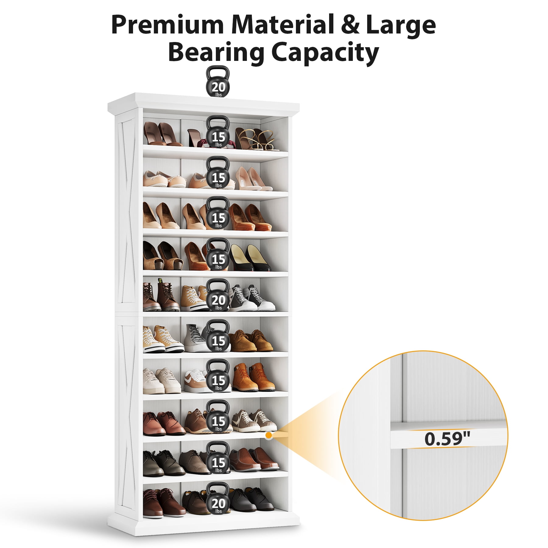 Condemo 10-Tier Shoe Storage Cabinet with 8 Adjustable Shelves, Farmhouse Shoe Rack, 71 inch Freestanding Tall Shoe Organizer for Closet, Entryway, Living Room, 30-40 Pairs, White