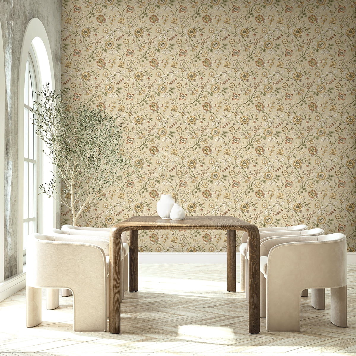 Stacy Garcia Home Latte Jacobean Floral Trail Peel and Stick Wallpaper - 20.5 in. W x 10 ft. L Roll