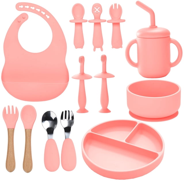 Set de alimentación para bebés SILI FACTORY de silicona, 13 unidades, más de 6 meses, rosa