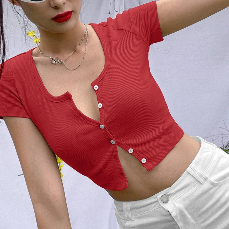 Lady Fashion Summer Short Sleeve U neck Crop Top Summer Buttons T shirt Walmart