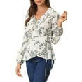 thumbnail image 4 of INSPIRE CHIC Blouse à Volants pour Femme à Col en V, Florale, à Nouer Soi-Même, Portefeuille, Péplum, m Blanc, 4 of 6