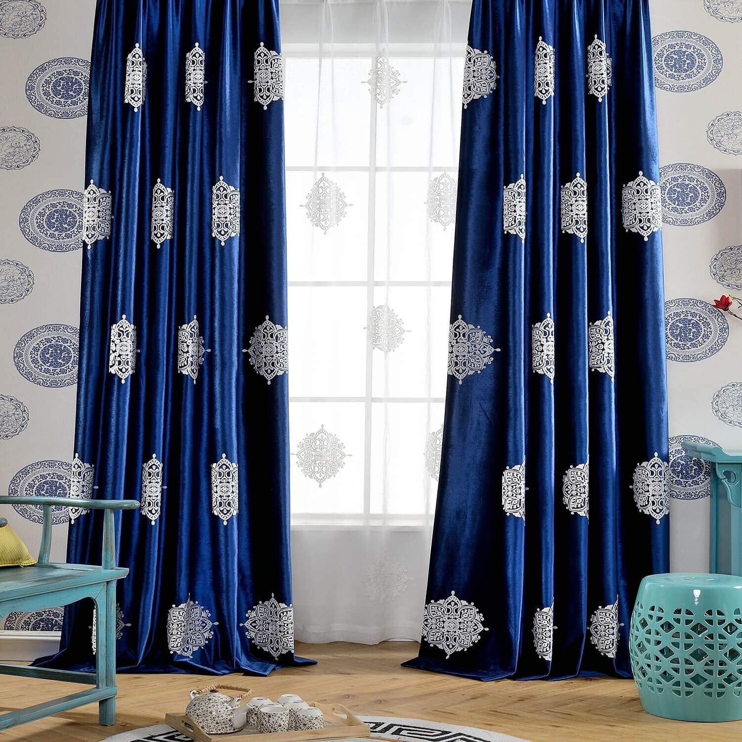 Embroidered Blackout Curtains for Living Room, Velvet Curtain Window Panels for Bedroom, 2 Panels, W52"xL96", Dark Blue