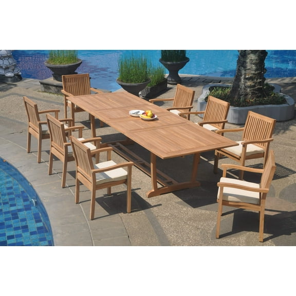 Grade-A Teak Dining Set: 8 Seater 9 Pc: 118" Double Extension Mas Rectangle Trestle Leg Table And 8 Leveb Stacking Arm Chairs WholesaleTeak #WMDSWVm