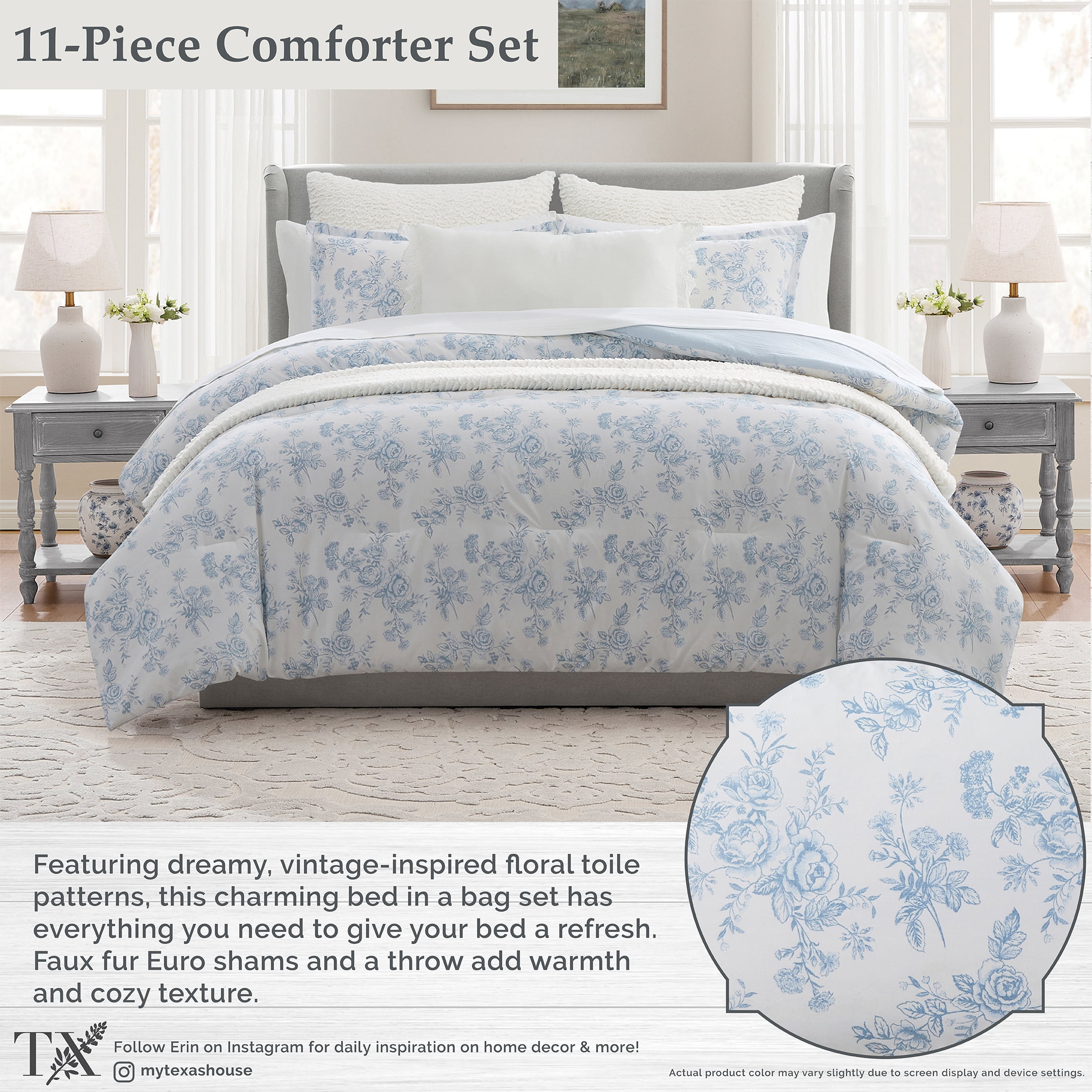 My Texas House Floral 11-Piece Comforter Set with Sheets, Blue, Queen