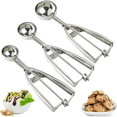 Ice Cream Scoop, 3Pcs Cookie Scoop Set, 18/8 Stainless Steel Cookie Dough Scoop, Cookie Scoops for Baking Set of 3, Ice Cream Scooper with Trigger Release, Cookie Scooper for Baking