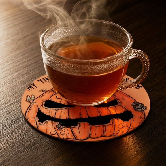 Halloween Pumpkin Horror Drink Coasters – Set of 6 Round Spooky Gothic Table Decor, Coffee Tea Whiskey Mug Mat (Green)