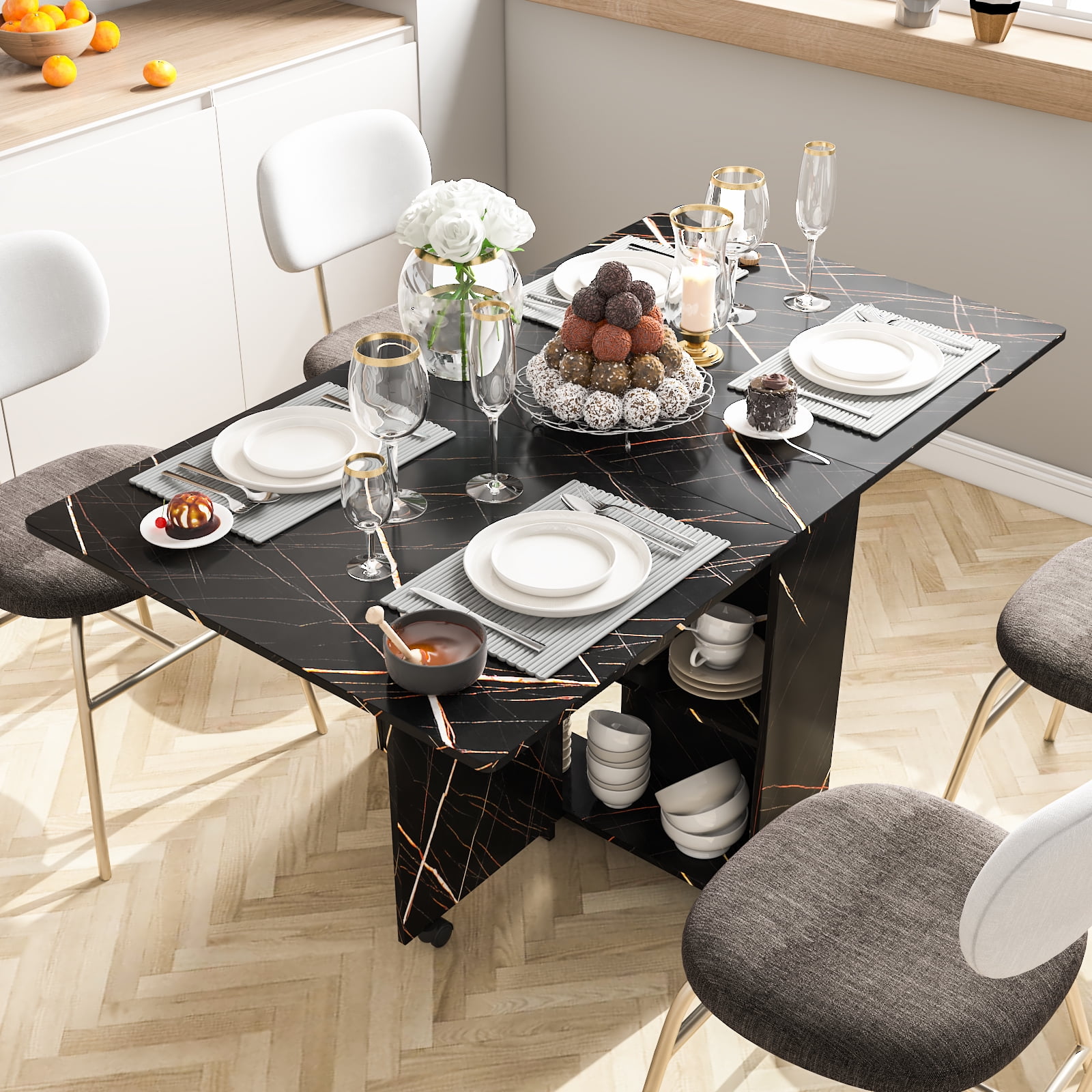 Dinaza Foldable Kitchen Table Rolling Wood Folding Dining Table on