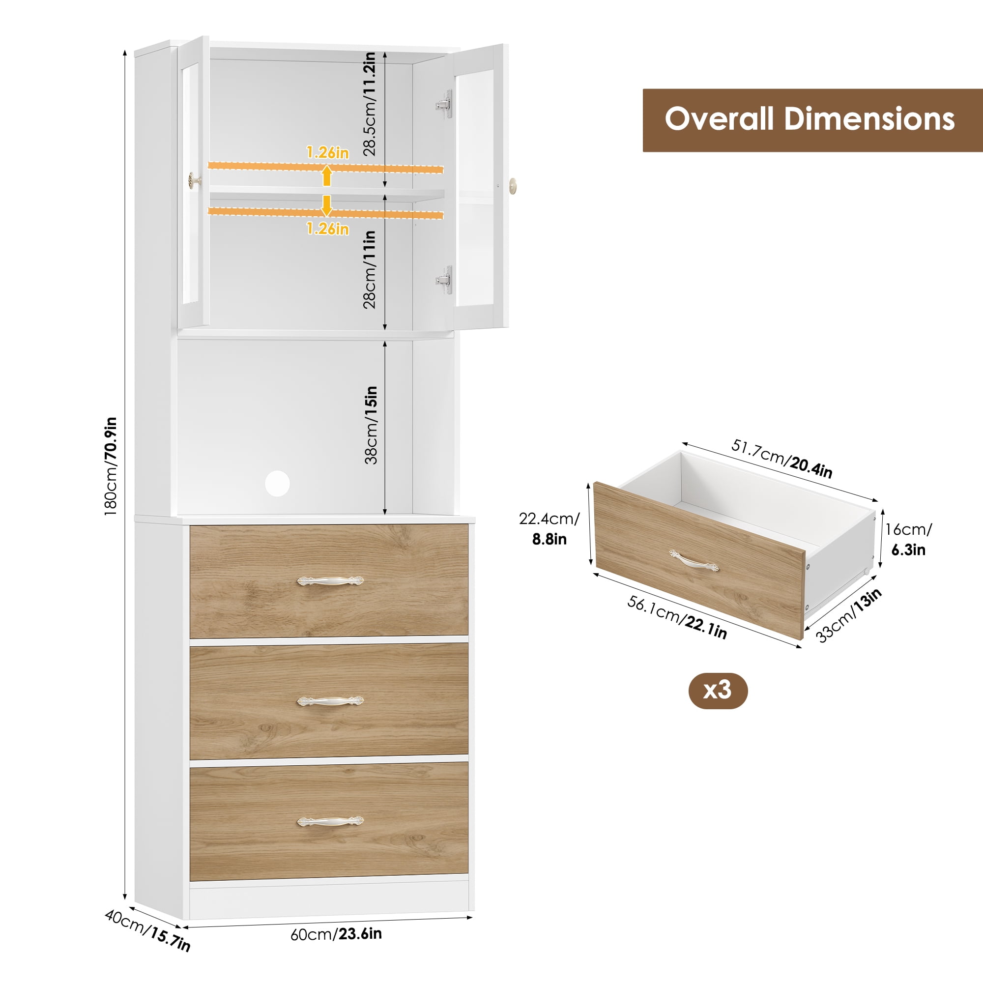 Homfa 71" Tall Kitchen Pantry Cabinet, Freestanding Storage Cupboard with Glass Doors, 3 Drawers & Adjustable Shelves, Modern Coffee Bar Cabinet for Kitchen Dining Room Living Room White Khaki
