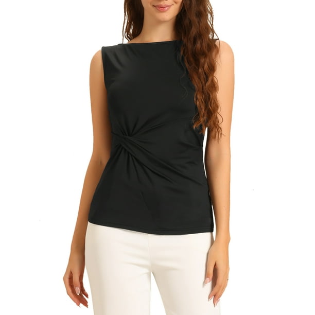 INSPIRAR CHIC Blusas sin mangas con nudo frontal para mujer, cuello redondo, casual, color negro, talla L