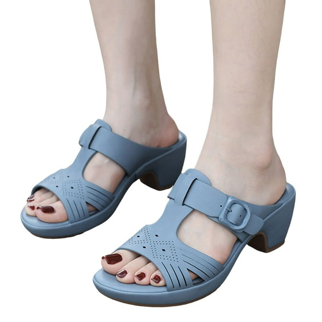 Slides Sandals for Women 2026 Summer Beach Orthopetic Arch Support Peep Toe Chunky Mid Heel Slip on