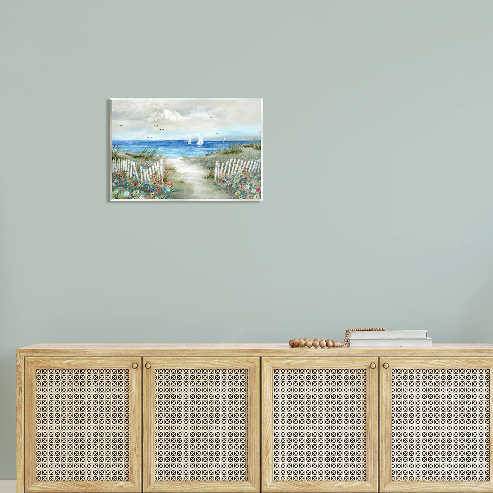Stupell Industries Tranquil Beachside Flower Meadow Ocean Sailboats Scene Painting Unframed Art Print Wall Art, Design by Nan