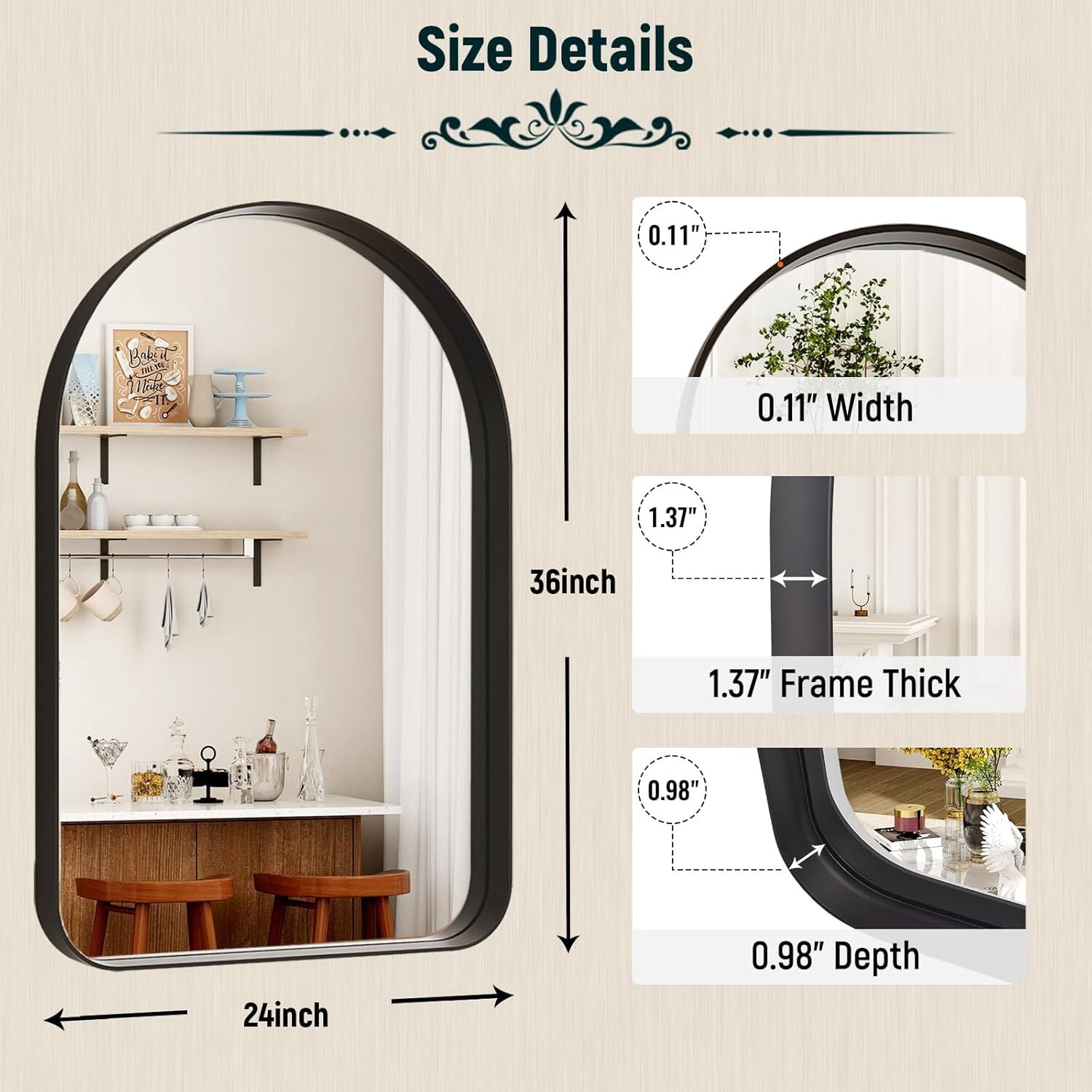 Mirrasia 36"x 24"Arched Bathroom Mirror Wall Mounted Deep Frame,Black